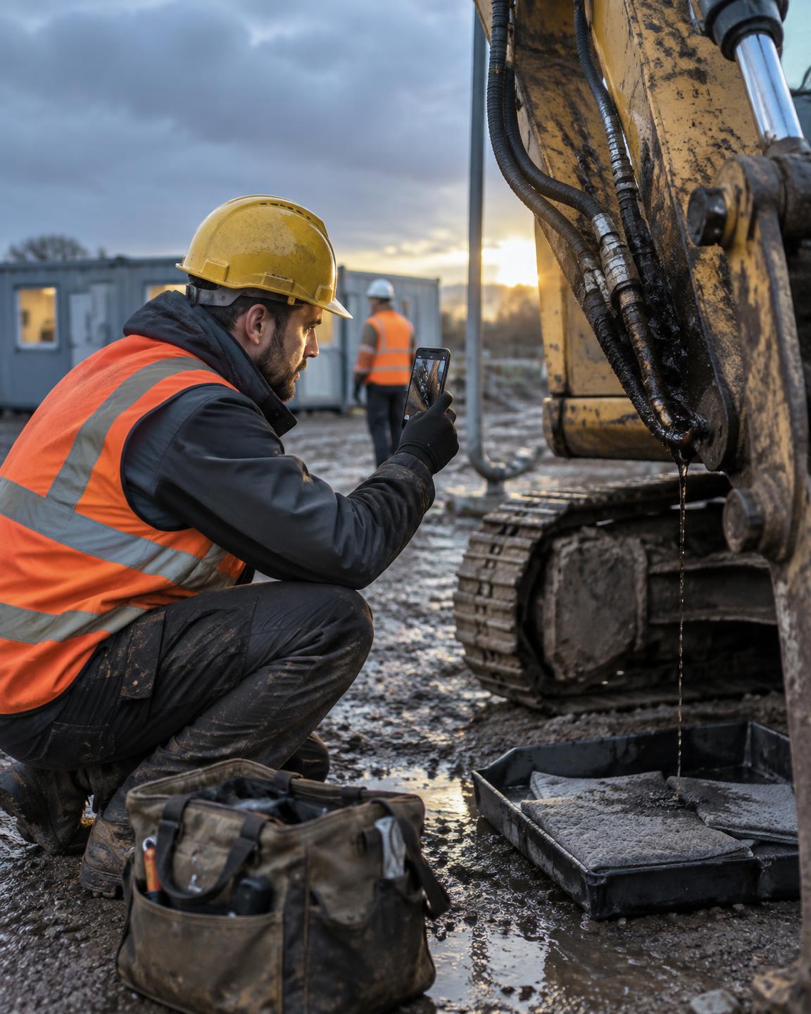 Technician in high-visibility workwear photographing an excavator hydraulic leak with a smartphone